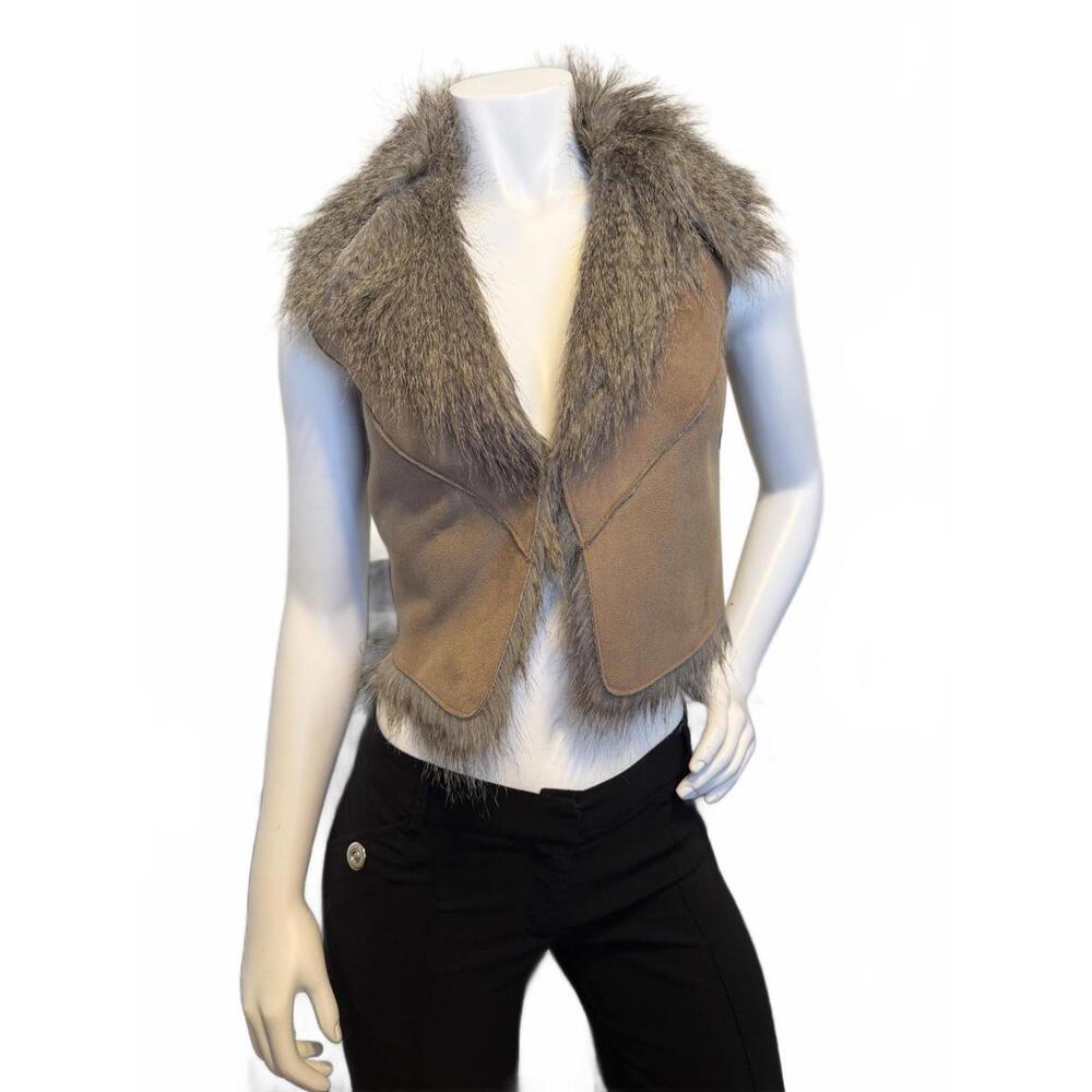 JDS Brown Faux Fur Trim Suede Look Open Front Vest Women’s Small